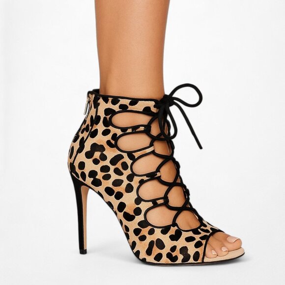 Zara Brown Leopard Print Ankle Lace Up Peep Toe Stiletto Heel Size 5.5/6 - Picture 1 of 7